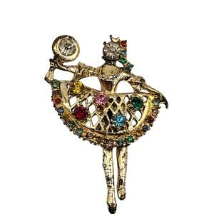 Vintage 1950s Rhinestone Dancer Brooch Multicolor Figural Tambourine Pin